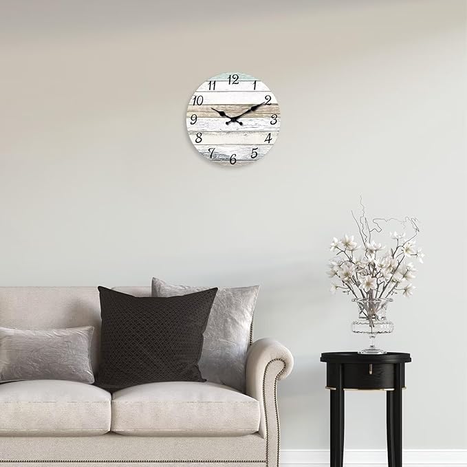 XNM Rustic Wall Clock for Bedroom Round Wood Wall Clocks Battery Operated 12 Inch Farmhouse Clock Non Ticking (MDF No Solid Wood)