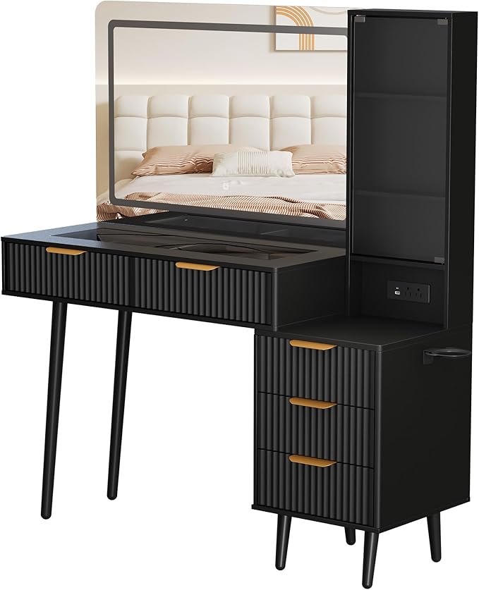 Makeup Vanity Desk with Mirror and Lights, 48" Fluted Makeup Table with Glass Top, Vanity Desk with 5 Drawers, Open Shelf & Power Outlet, Modern Dressing Table for Bedroom Living Room
