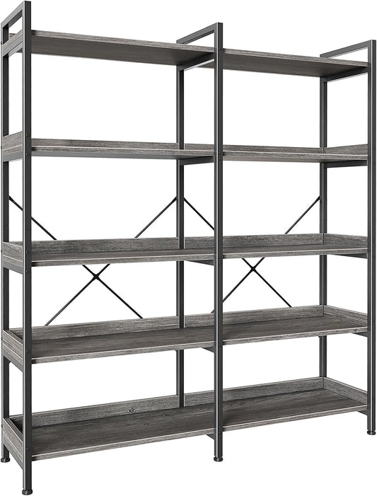 Huuger 5 Tier Bookshelf, Display Bookshelf with 10 Open Shelves and Raised Baffle, 47.2 Inch Straight Wide Bookcase with Metal Frame and Wooden Board, Adjustable Feet, Grey
