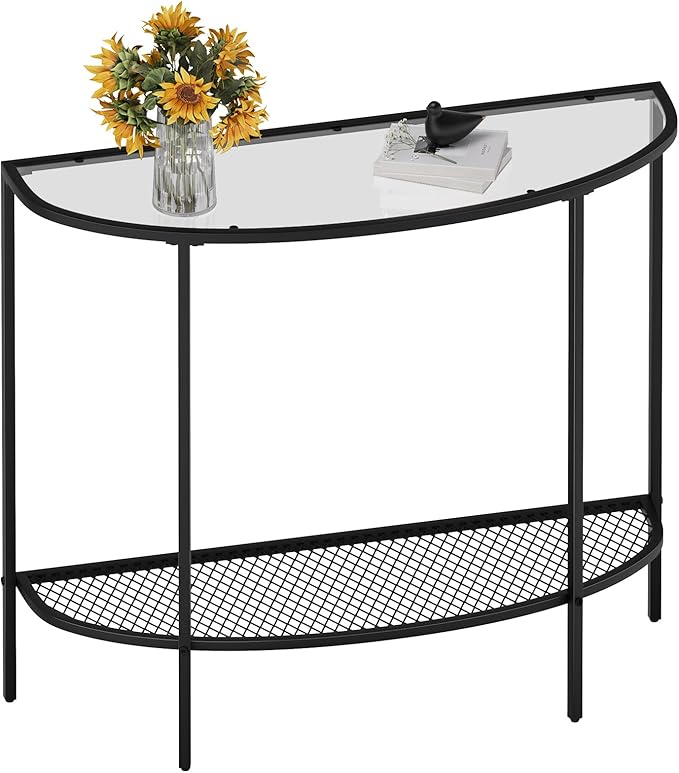 SAYGOER Glass Half Moon Console Table 2 Tier Narrow Entryway Table with Black Metal Frames, Modern Couch Table Small Entry Way Tables, Easy Assembly, Clear Glass