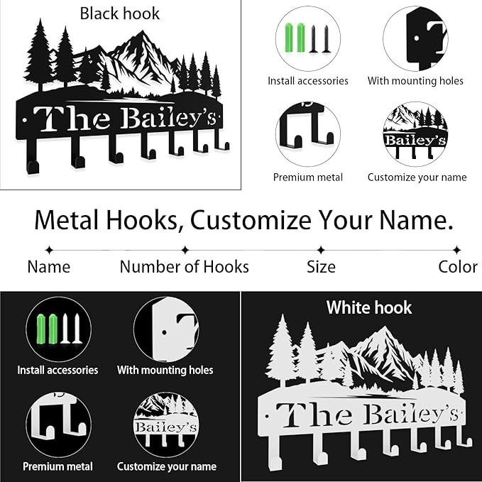 Personalized Key Hooks for Wall,Custom Name Lofty Mountain Key Holder Wall Mounted,Fashion Coat Rack,Metal Key Hanger with Hooks,Key Rack Organizer for Entryway,Hallway,Doorway