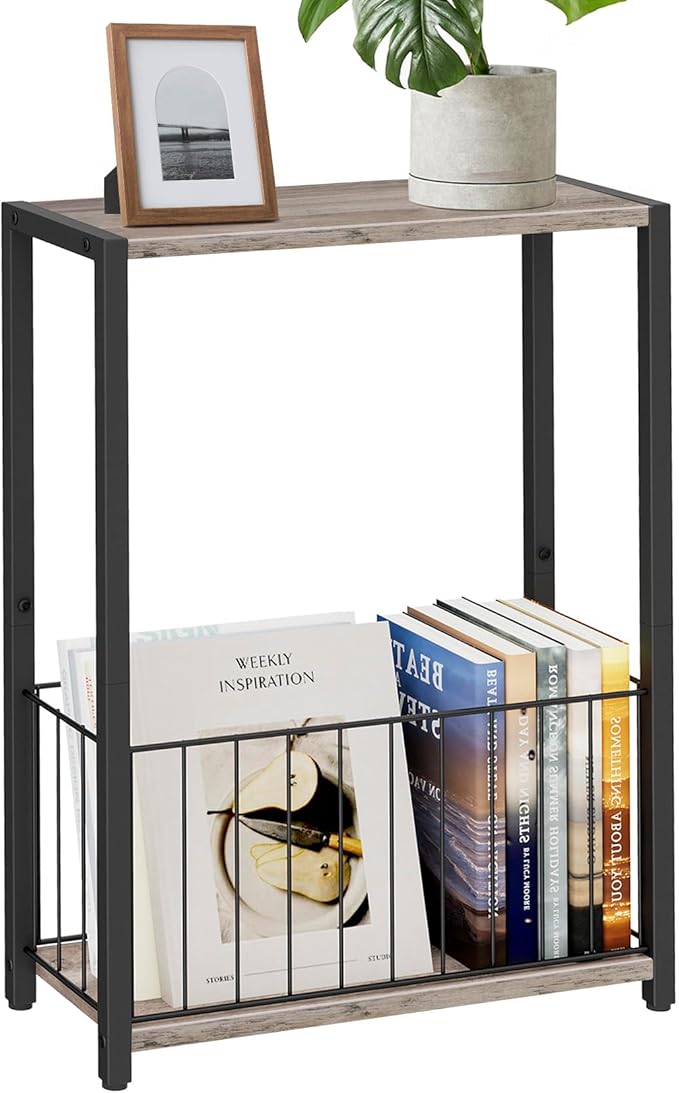 Narrow Side Table with Magazine Holder, Skinny End Table Perfect for Small Spaces, Space-Saving Design for Living Room, Bedroom, or Office, 7.1" D x 16.9" W x 23.6" H, Greige