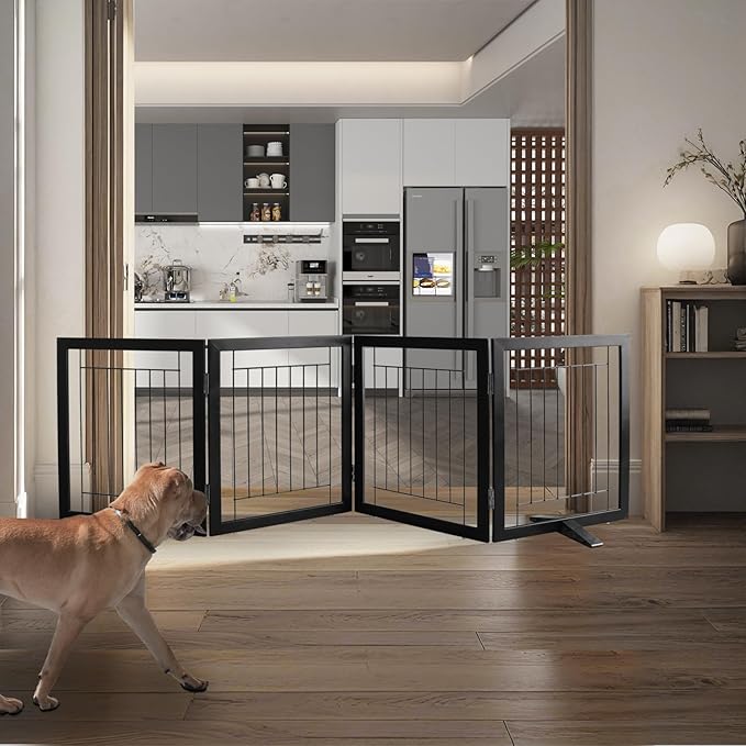 ZJSF Freestanding Dog Gate Indoor, Foldable Dog Fence for Doorways,Hallways or Stairs, Sturdy Wood Extra Wide Pet Gate with Support Feet,Black,24 "Height-4 Panels