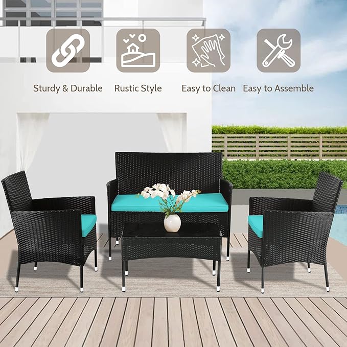 FDW Rattan Furniture Wicker Chair Patio Bristo Set for Outdoor Indoor Use with Loveseats Coffee Table,Blue Cushion, 4-Pieces