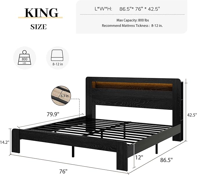 Wood King Size Bed Frame with Headboard, Farmhouse Platform Bed Frame with Bookcase Shelf,LED Lights,Charging Station,Heavy Duty Supports,No Box Spring Needed,Dark Black