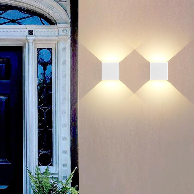 2 PCS 12W Outdoor Sconces Wall Lights LED Exterior/Interior Up and Down Lights IP65 Waterproof Modern Outdoor Lighting Fixtures Square Aluminum Exterior Wall Mount Light White 3000K Warm Lights
