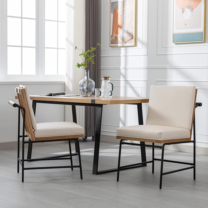 HEAH-YO Modern Dining Chairs Set of 6, PU Leather Upholstered Dining Chairs with Backrests, Armless Dining Room Chairs for Kitchen, Beige