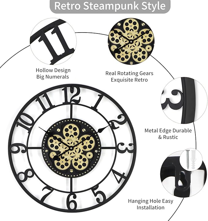 24In Large Wall Clocks for Living Room Decor with Moving Gears,Large Wall Clock Industrial Steampunk,Oversized Metal Analog Wall Clocks for Home Battery Operated (Accessories Color May Vary)