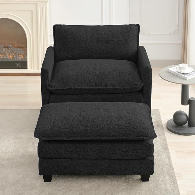 ROWHY Convertible Sectional Couch with Ottoman, Single Armchair with armrests, Modern Living Room Furniture Set, Small Couches for Small Spaces, for Living Room, Chenille, Black