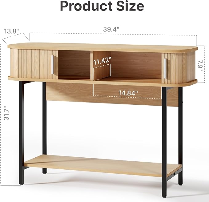 40" Mid Century Modern Entryway Table, Ultra Slim Fluted Console Table with Storage & Sliding Doors, Modern Round Corner Sofa Table, Wooden Entry Table for Hallway, Living Room, Natural