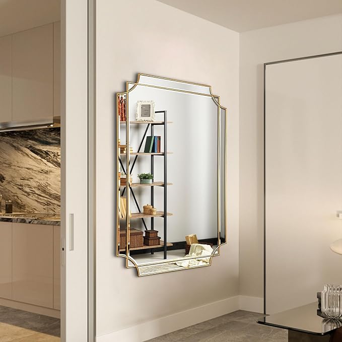 Large Gold Rectangle Mirror, 48"x31.6" Bathroom Mirrors for Over Sink, Modern Beveled Mirror Decorative, Elegant Oblong Wall Mirrors for Living Room Bedroom Fireplace Entryway Hallway