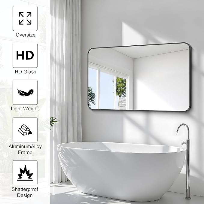 BONEWEI 30x48 inch Bathroom Mirror,Black Rectangle Mirror,Wall Mounted Bathroom Frame Vanity Mirror with Round Corner for Bedroom Living Room, Entryway Hangs Horizontal or Vertical