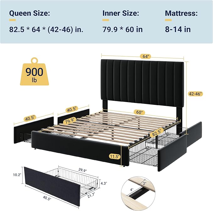 Allewie Queen Size Storage Bed Frame, Vertical Channel Tufted Adjustable Headboard, Velvet Upholstered Platform Bed with 4 Oversized Underbed Drawers, Wooden Slats Support, No Box Spring Needed, Black