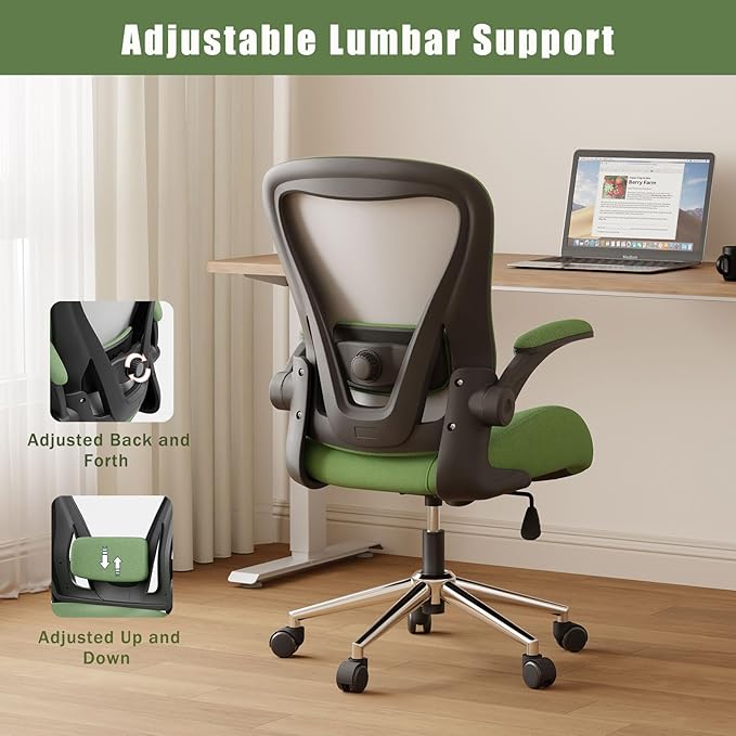 Green Ergonomic Office Desk Chair, Soft Fabric Thickened Curved seat Cushion with Adjustable Lumbar Support, Perfect Blend of Comfort and Good Looks, Ideal Chair for Home or Office, Green