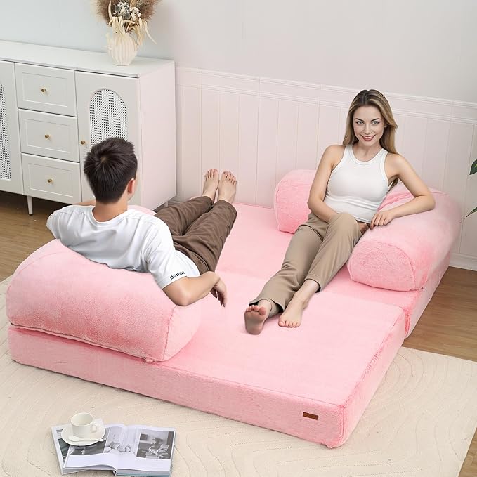 COMAX 4-in-1 Futon Sofa Bed, Queen Size Foldable Couch with L-Shaped Armrests, Convertible Sleeper Chair Bed, Comfortable Lounge Mattress for Living Room and Bedroom, Snow Pink