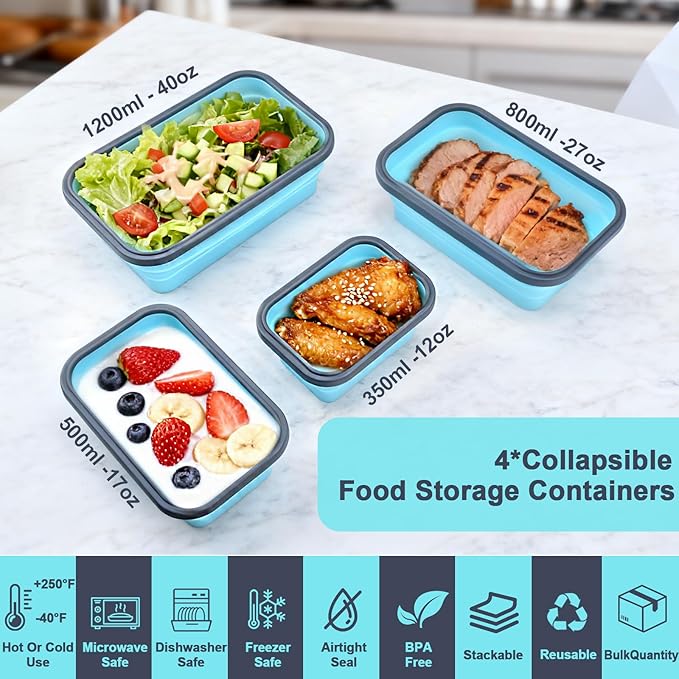Collapsible Silicone Food Storage Containers with Lids, Collapsible Food Storage Containers, Camping Dishes, 4 Pack Foldable Lunch Box for Leftovers, Meals, Snacks, Dark Blue
