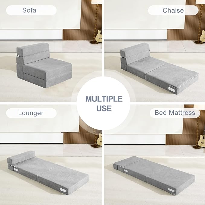 ANONER Folding Sofa Bed Couch Memory Foam Fold Out Chair Bed with Pillow, Single Size Convertible Sofa Bed Futon Sleeper Chair, Light Gray