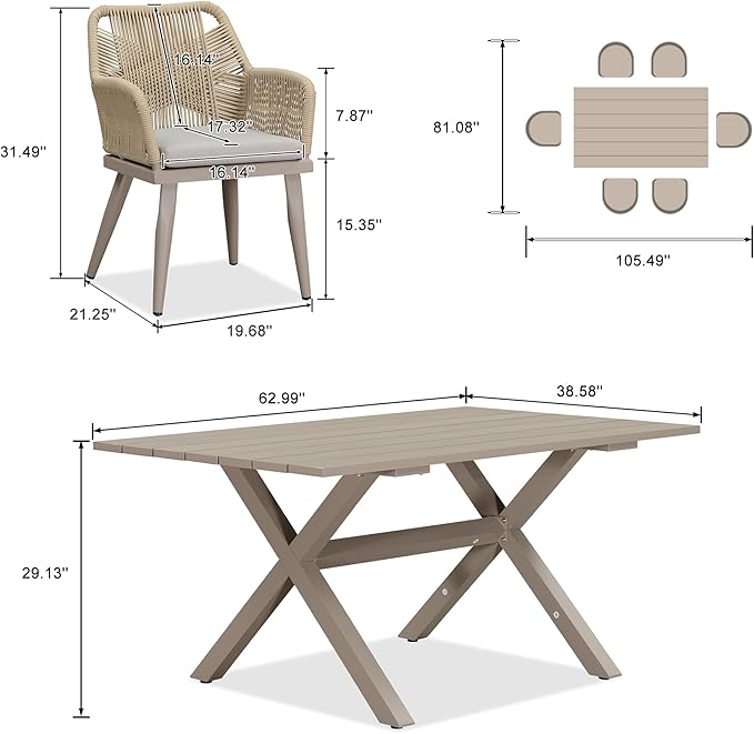 PURPLE LEAF 7 Pieces Outdoor Dining Set All-Weather PE Rattan Outdoor Patio Furniture Set with All Aluminum Frame Rectangular Table and Chairs Set for Lawn Garden Backyard Deck, Champagne