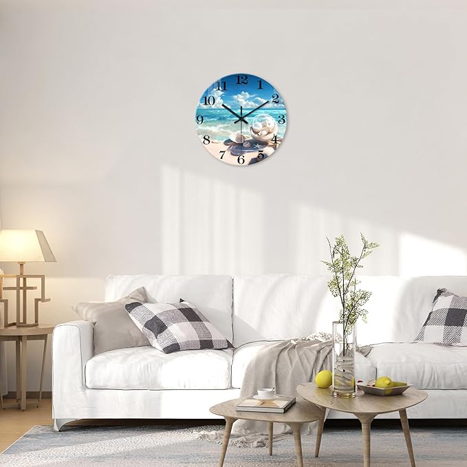 XNM Beach Analog Glass Wall Clocks Battery Operated 14 Inch Blue Clock for Kitchen Round Silent Wall Clock Decorative