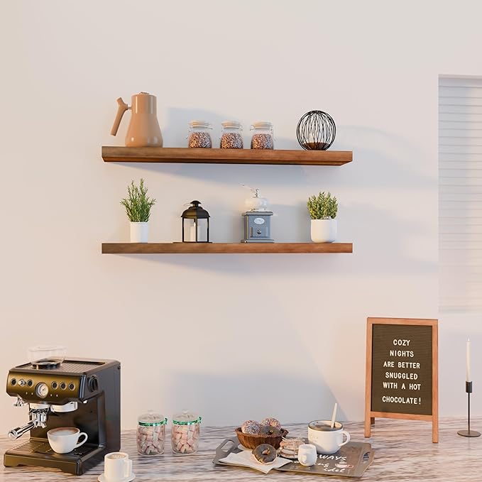 foxsky 36 Inch Solid Pine Wood Floating Shelves for Wall with Hidden Brackets, Rustic Farmhouse Wall Mounted Shelf for Bathroom, Living Room, Bedroom, Kitchen, Office Decor (Walnut)