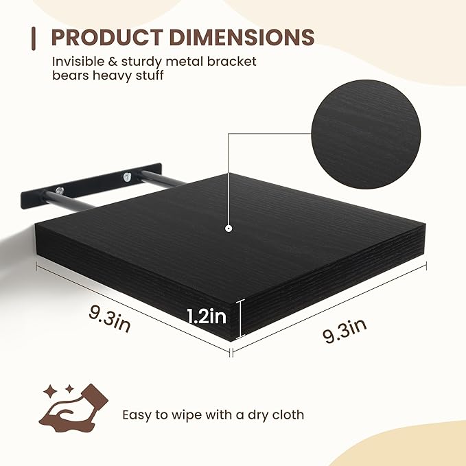 Fun Memories Floating Shelves for Wall - 9.3 Inch Square Shelves with Invisible Brackets, Black Small Wall Shelf for Living Room, Bathroom, Bedroom, and Kitchen Decor，Set of 4