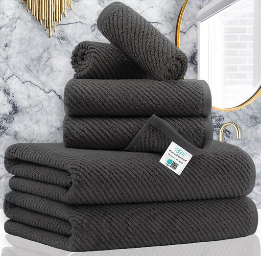 VOOVA & MOVAS Gray Towels - 100% Cotton | Lightweight | Quick Dry | Thick | Soft, Towel Set of 6, 2 Large Bath 30" x 56", 2 Hand 18" x 28", 2 Washcloths 13" x 13", Towel Gift Set, Dark Grey