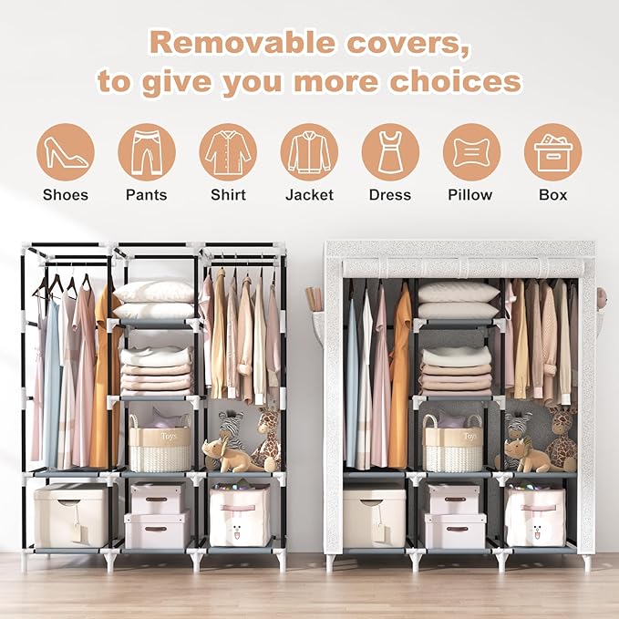 VTRIN Portable Closet Wardrobe for Hanging Clothes with 2 Hanging Rods and 8 Storage Organizer Shelves,Free Standing Clothes Rack with Cover Sturdy Large Wardrobe Closet for Bedroom,Printing