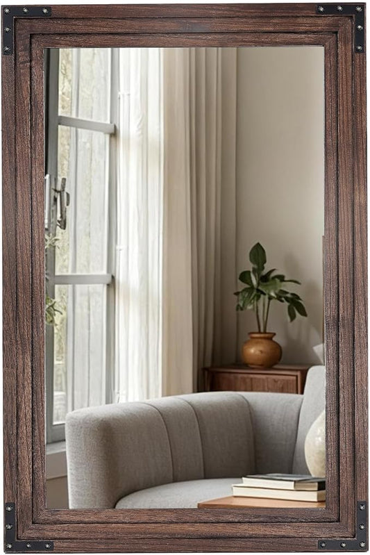 Full Length Mirror 36"x24" Solid Wood Frame Floor Standing Mirror, Hanging or Leaning Wall-Mounted for Living Room, Bedroom, Brown