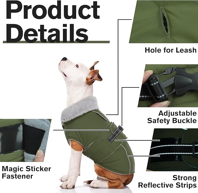 Lelepet Warm Dog Coat Reflective Fleece Vest Waterproof Dog Jacket with Adjustable Buckle Hook & Loop Windproof Cold Weather Coats for Small Medium Large Dogs, Army Green, XXXL