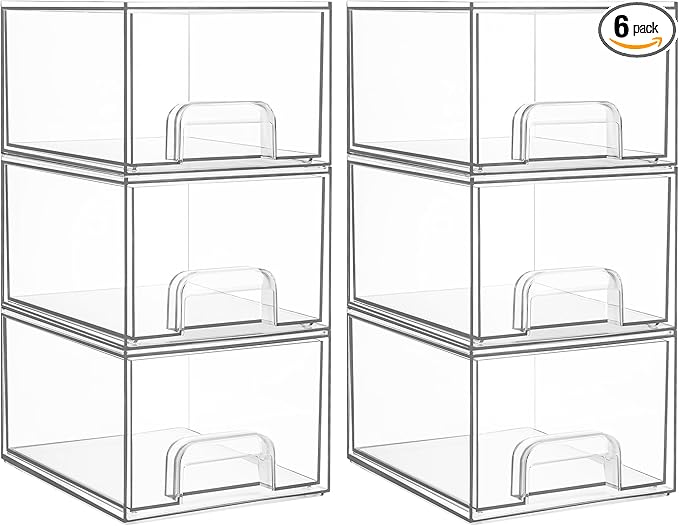 Vtopmart 6 Pack Small Clear Stackable Storage Drawers,Acrylic Bathroom Makeup Organizer,Plastic Storage Bins For Vanity, Undersink, Kitchen Cabinets, Pantry, Home Organization
