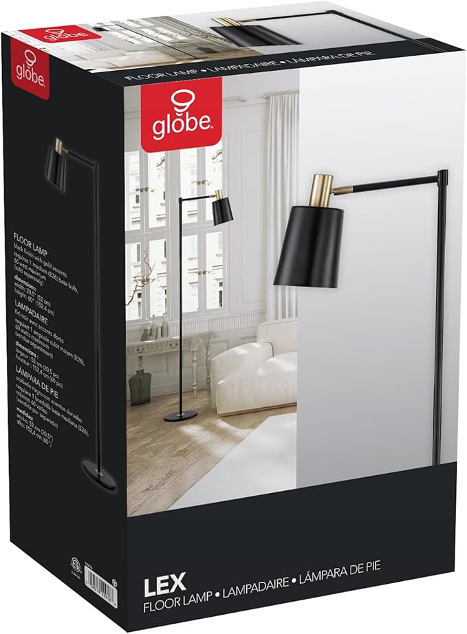 GLOBE Electric 12916 Lex 60" Floor Lamp, Black, Satin Finish, Gold Accents