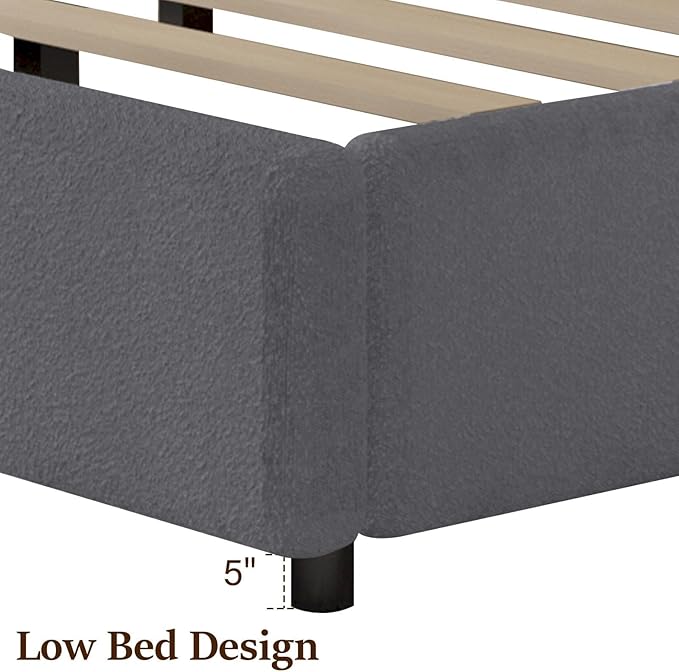 King Size Bed Frame, Upholstered Platform Bed with Headboard, Boucle Bed Frame with Round Conner, No Box Spring Required, Easy Assembly, Grey
