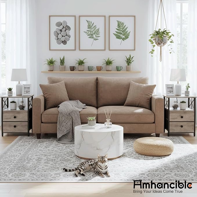 AMHANCIBLE Night Stand Set 2, Nightstand with Charging Station, End Tables Living Room with USB Ports and Outlets, Bedside Tables with Fabric Drawers for Bedroom, Greige HET05XGY