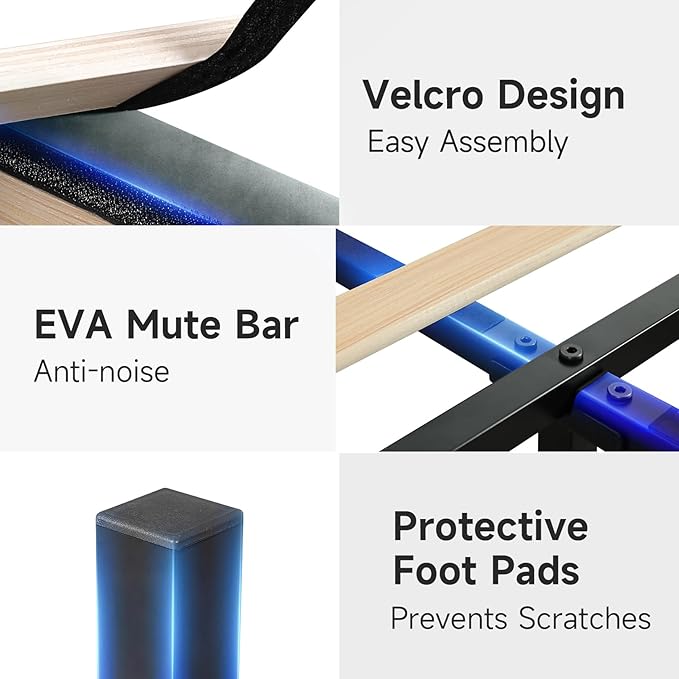 koorlian Queen Bed Frame with Headboard, Adjustable Velvet Upholstered Bed Frame with Type-C&USB Ports, Wingback Storage Headboard, Solid Wood Slats Support, No Box Spring Needed, Light Gray