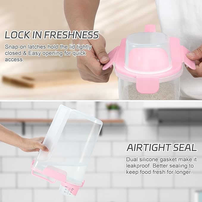 Rice Storage Container 10 Lbs, Pet Cat Dog Food Storage Container with Larger Spout and Cup, Airtight Cereal Containers Storage Food Cereal Dispenser, Kitchen and Pantry Organization Bin-Pink