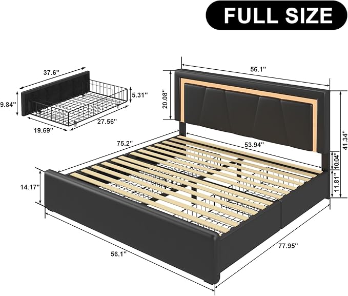 Full Bed Frame with 4 Storage Drawers and Adjustable Headboard, Upholstered Platform Bed with LED Lights and USB Ports, Solid Wooden Slats Support, Faux Leather, Easy Assembly, Black