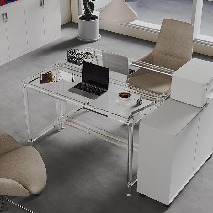 HMYHUM Acrylic Computer Desk, 47 Inch Clear Home Office Desk for Laptop, Study, Writing, Vanity Table with Cylindrical Legs, Modern, Easy Assembly