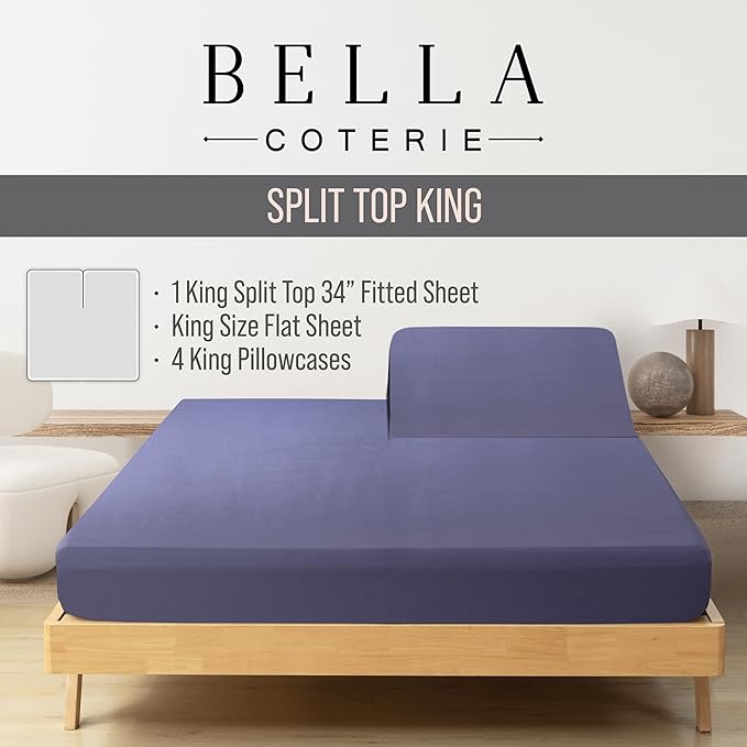 Bella Coterie 6 Piece Luxury Bamboo Viscose Split Top King Size Sheet Set | 34" Split for Adjustable Beds | 100% Organically Grown| Cooling | 18” Deep Pocket | 4 Pillowcases [Twilight Blue]