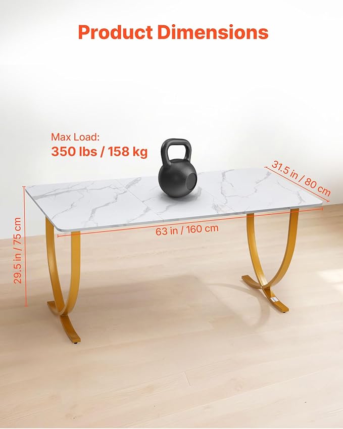 VEVOR Executive Desk, 63" W x 31.5" D Large Office Desk, Modern Computer Table Conference Meeting Room Table, Business Furniture Enlarged Desktop for Home Office, White and Gold