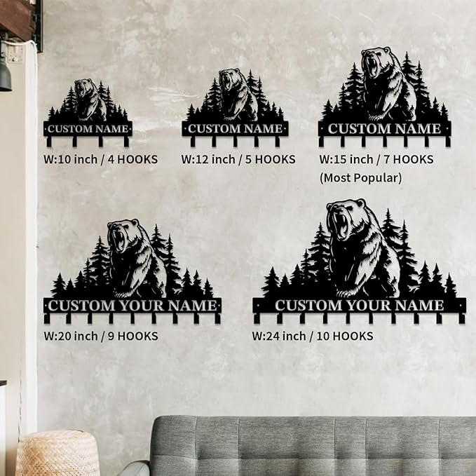 Personalized Custom Name Bear Key Wall Hooks,Metal Bear Keys Clothes Hooks,Metal Bear Wall Home Storage Decorative,For Front Door, Hallway, Kitchen, Bedroom,Keys,Hats (Style M)