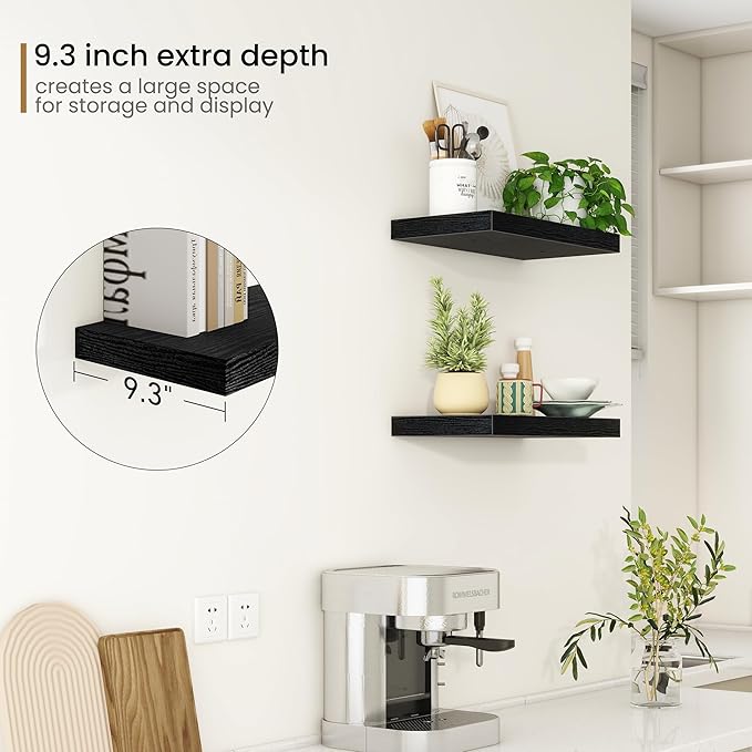 Fun Memories Deep Floating Shelves - 16" W x 9.3" D x 1.6" H Rustic Black Wall Shelf - Wall Mounted Shelves for Storage - Wooden Shelves with Invisible Brackets for Living Room, Farmhouse - Set of 2
