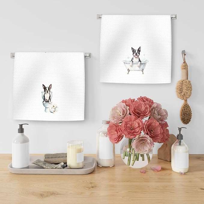 Funny Boston Terrier Dog Hand Towels Set of 2, Gifts for Boston Terrier Dog Owners Lovers, Puppy Pet Decor for Bathroom, Pet Lovers Gifts Toilet Hand Towels for Bathroom Washroom, 16x24In