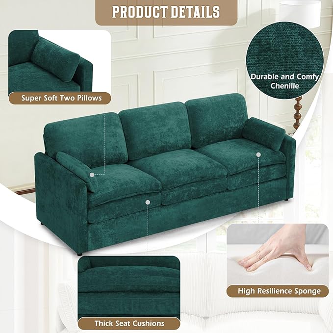 89" Chenille 3 Seats Sofa with 2 Pillows, Modern Upholstered Sofa with Deeper Seats, Comfy Sofa with Thickened Cushions for Living Room, Apartment, Teal