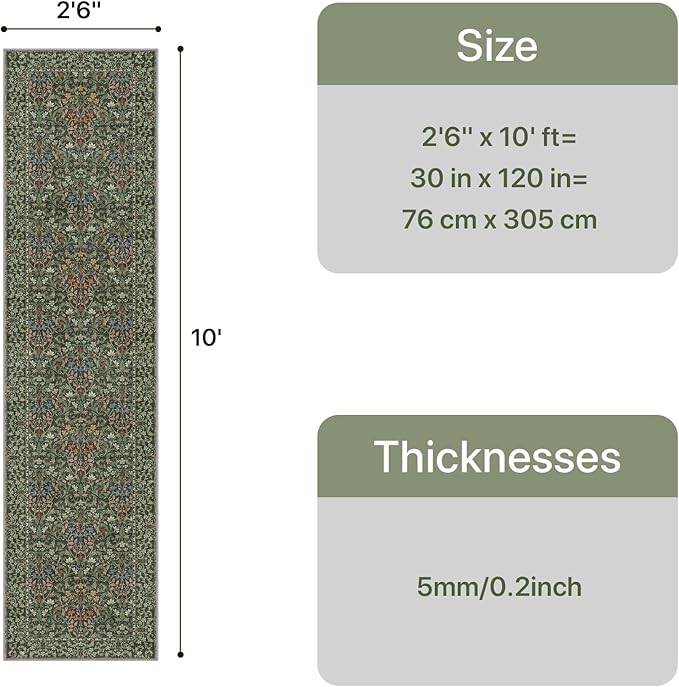 GENIMO Floral Washable Runner Rug 2’6”x10’, Non-Slip Long Hallway Carpet for Entryway, Kitchen, Indoor Floor Use, Vintage Boho Soft Thin Rug Décor, Emerald Green