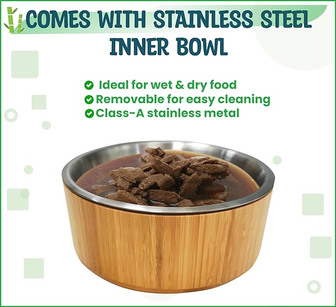 Raised Dog Bowl - Elevated 12-inch, Ideal for Large Breeds - Treats, Dry and Wet Foods Suitable - Deter Ants/Bugs, Tip-Over Resistant Stand - Steel and Bamboo