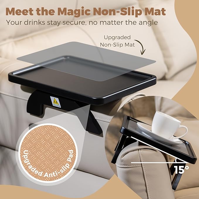 Couch Armrest Table, Foldable Bamboo Sofa Arm Tray for Couch with a Non-Slip Pad, Clip On Couch Arm Table for Remotes/Eatting/Drinks, Fits Sofa Armrest 3.5"-13.5" Black