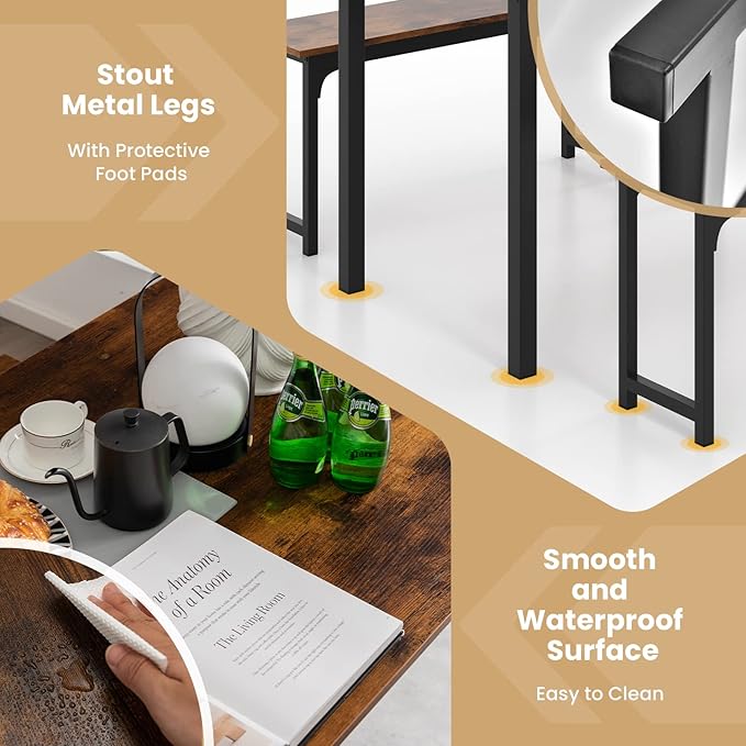 LDAILY Moccha Dining Table Set for 4, Kitchen Table with Benches,43 Inch 3-Piece Wooden Space-Saving Dinette Set with Metal Frame for Kitchen, Dining Room,Small Spaces, Rustic Brown & Black