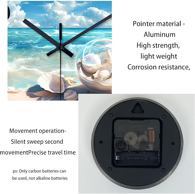 XNM Blue Round Office Wall Clock Large 16 Inch Beach Glass Clocks Battery Operated Silent Wall Clock Non Ticking