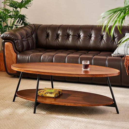 AGV Oval Coffee Table with Shelf Storage, 2-Tier Walnut Wood Finish Center Table for Living Room, Modern Asymmetrical Metal Legs, Raised Edge Sofa Table