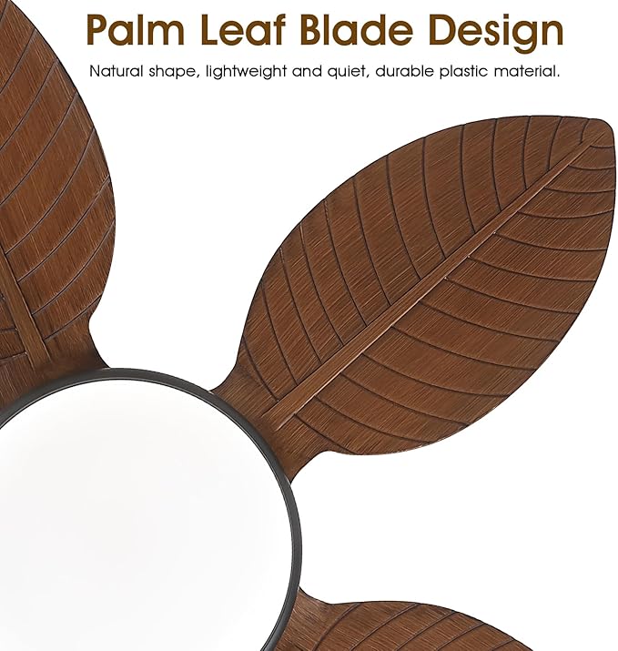 Ceiling Fans with Lights and Remote/APP Control, 48 Inch Tropical Ceiling Fan for Bedroom Living Room, Outdoor Palm Leaf Ceiling Fan for Patios Porch, Dimmable, 6 Speeds, Reversible, Brown